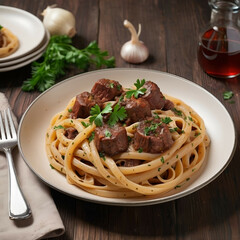 Perfectly cooked fettuccine topped with tender beef and fresh herbs on a rustic wooden table in a cozy kitchen