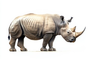 Obraz premium A majestic rhinoceros stands against a white background.