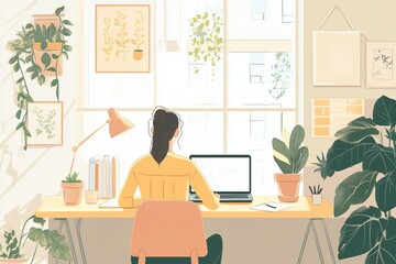 Illustration of a woman working at a clutter-free desk surrounded by plants near a window in a well-lit room during the day