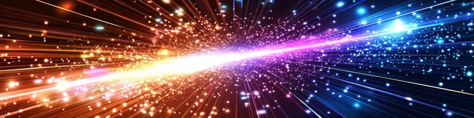 Fototapeta premium Vibrant Light Streaks Tunnel, Neon Pink, Purple, Blue, and Gold, Dynamic Composition, 3D Render