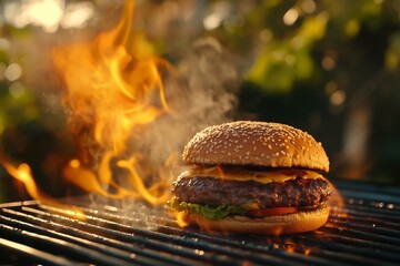 Juicy burger sizzling on the grill surrounded by flames and smoke in an outdoor cooking setting