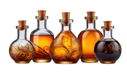 Mysterious potion bottles for Halloween, filled with glowing liquids and adorned with eerie labels, perfect for spooky decorations, witches' brews, and Halloween party visuals on transparent backgroun