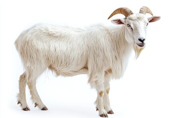 Obraz premium Fluffy white goat standing against white background.