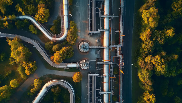Aerial view natural gas pipeline, High pressure pipes gas plant pipelines, Industry natural gas pipeline with high pressure compressor station energy transportation infrastructure, Gas plant station.