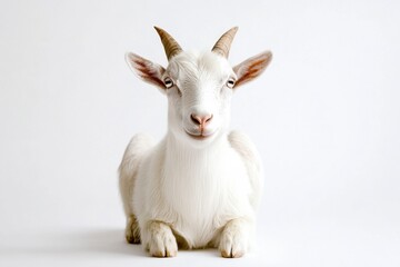 Adorable white goat resting on white background
