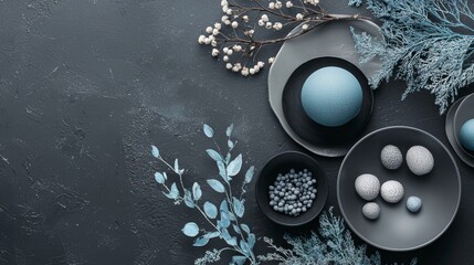 Elegant flat lay with black and gray Easter eggs on a dark surface