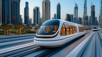 Naklejka premium Futuristic electric ferries navigate through modern cities under a clear sky, showcasing advanced transportation technology in a bustling urban environment