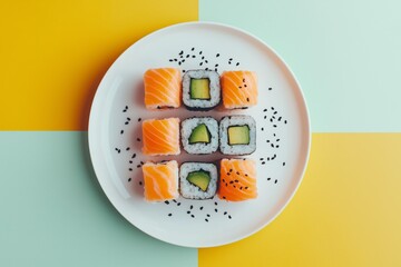Delicious sushi rolls arranged on a plate with colorful background for a vibrant dining experience