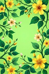 Vibrant floral design featuring yellow flowers and green leaves on a bright background.