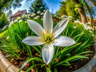 Obraz premium A 360° view of a pristine white rain lily, Zephyranthes grandiflora, blooms against a vibrant green, urban backdrop.