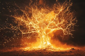 Dramatic fire illuminates an ancient tree in a fiery display at midnight in a remote forest