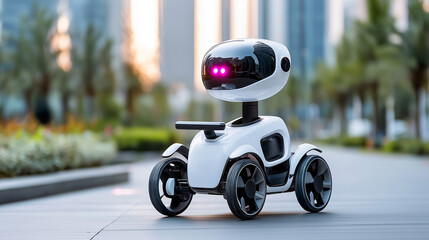 Autonomous delivery robots navigating through urban public spaces in the evening light, showcasing modern technology and convenience in everyday life