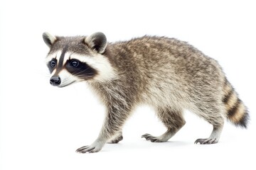 Obraz premium A young raccoon walks on a white background