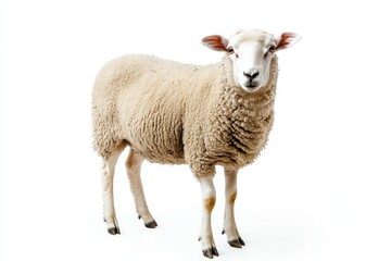 Fototapeta premium Fluffy sheep standing against white background