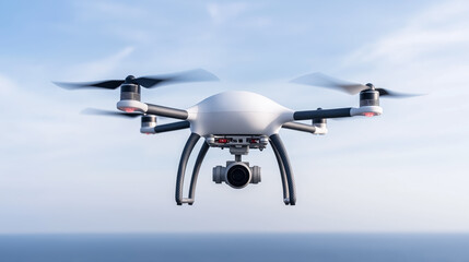 Autonomous drones equipped with AI conducting search and rescue missions in a wide landscape with a cloudy sky