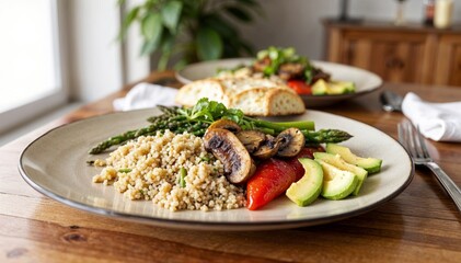 Healthy Vegetarian Quinoa Dish with Roasted Vegetables and Avocado