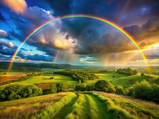 Fototapeta premium A breathtaking double rainbow arches over vibrant green hills, sunlight illuminating a stunning post-rain landscape.