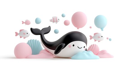 Fototapeta premium Playful Cartoon Whale with Pastel Balloons and Fish, a 3D Render