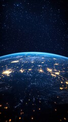Obraz premium Earth from space view showing illuminated cities at night with twinkling lights and dark landscapes