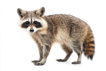 A curious raccoon on a white background.