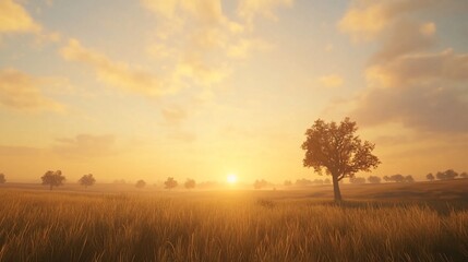 Obraz premium Golden sunset illuminating a field with trees in the distance creating a peaceful atmosphere