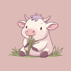 Cute cow eating grass cartoon Vector Illustration