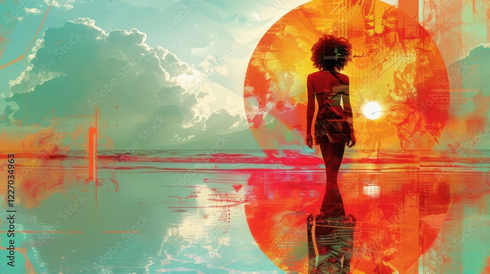 Wall mural surreal ocean view with a lone figure in vibrant colors and celestial background