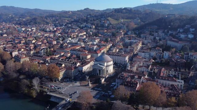 Gran Madre di Dio Church in Turin (Torino), Wide Aerial Orbit shot