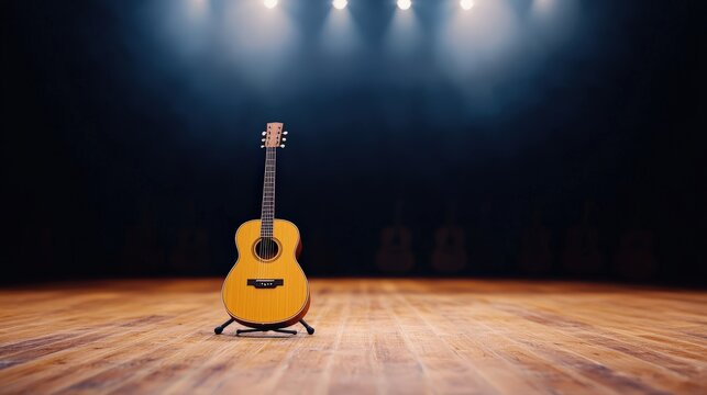 Guitar on wooden floor in front of empty stage set for unplugged live music performance