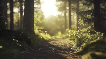 Obraz premium Golden sunlight illuminates a tranquil forest path, evoking peace and natural harmony.