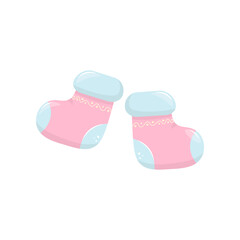 Vector pair of cute baby pink socks.. Single clipart. Stock illustration isolated on white background. For flyer, sticker, card, logo, symbol.