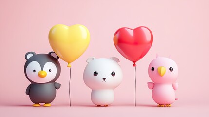 Obraz premium Adorable Cartoon Animals Celebrate Love: Heart Balloons, Cute Critters, Friendship, Valentines, Perfect for Children's Books, Cards, and Party 