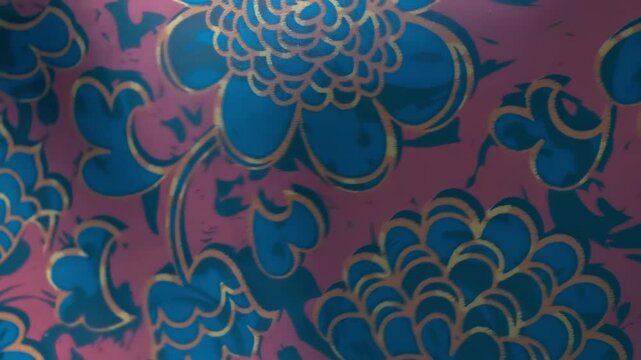 Red fabric with beautiful blue floral pattern flutters in the wind. Closeup. Macro