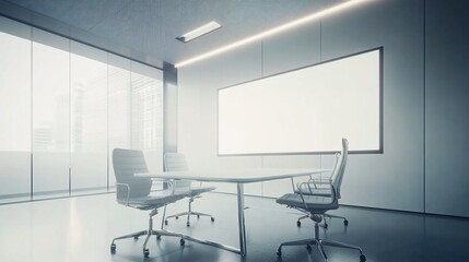 Modern minimalist meeting room with white table and chairs in a corporate setting