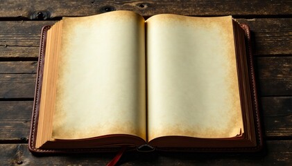 An open vintage book with blank pages on a wooden surface inviting creativity and writing.