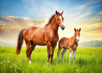 Fototapeta premium A heartwarming scene: mare and foal graze peacefully in a sun-drenched pasture.