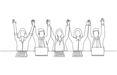 Continuous one line drawing of businesspeople holding hands each other to celebrate success, business team celebration concept, single line art