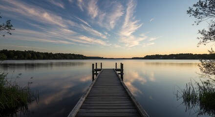 Fototapeta premium Serene Lake Dock Sunset Landscape Photography Print