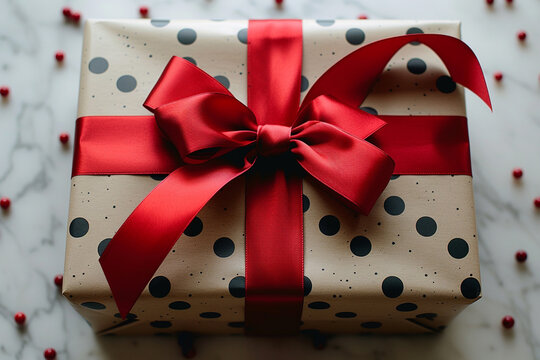 Close-up of a gift box with a red ribbon and polka dots.