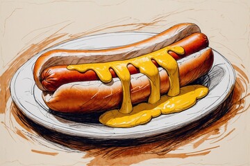 Delicious hot dog sketch drawn. AI Generated.