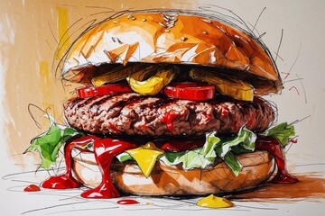 Hamburger sketch on colorful background. AI Generated.