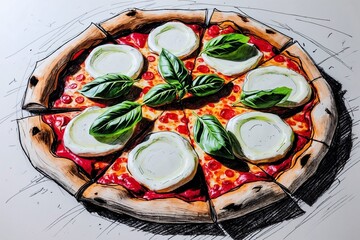 Delicious pizza sketch on white background. AI Generated.