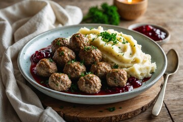 Delicious meatballs on hot potato puree. AI Generated.
