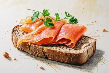 Toast with salmon, drawing. Sketching. AI Generated.