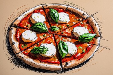 Delicious pizza sketch on white background. AI Generated.