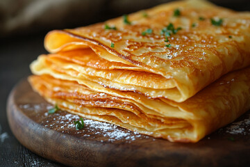 Golden Brown Crepes Stacked High On Wooden Board