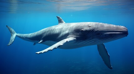 Fototapeta premium Majestic humpback whale gliding through serene ocean depths near the reef. Generative AI