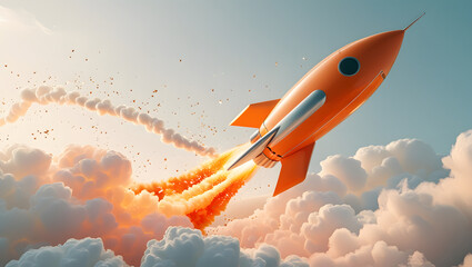 Orange rocket launching with rising graph, surrounded by white clouds on white background. Concept of growth and success. 3D Rendering, ai