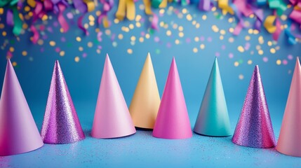 Obraz premium Row of colorful party hats are arranged on a blue background. The hats are of different colors and sizes, creating a festive and lively atmosphere