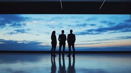 Fototapeta premium Three Silhouetted Figures Stand Before a Large Screen Displaying a Sunset Landscape